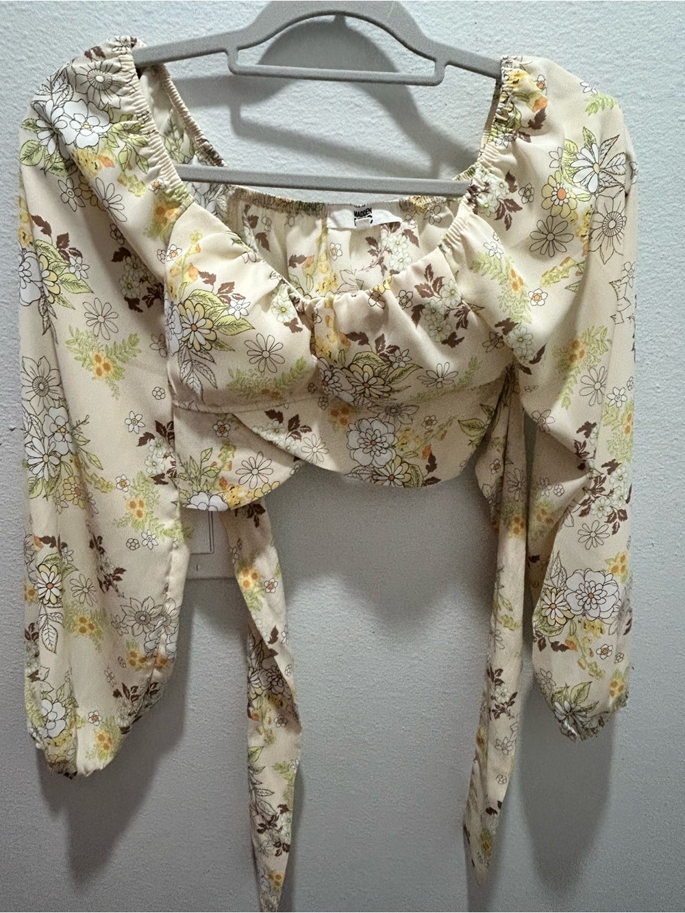 Floral Tie-Front Crop Top - Cream with Yellow & Green Accents